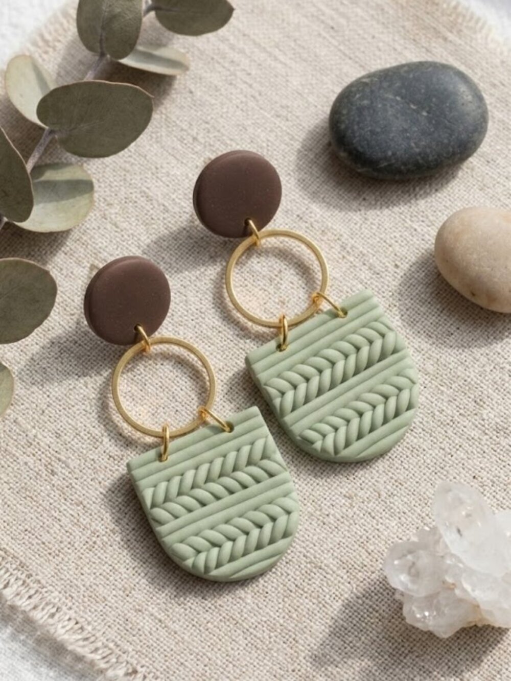 Sage Green Polymer Clay Wood Dangle Earrings Gold Plated Sterling Silver Posts